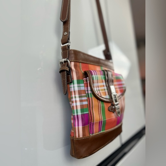 REDUCED!! Chaps Ralph Lauren Traveler Orange Avalon Madras Crossbody Sling Bag - Picture 5 of 12